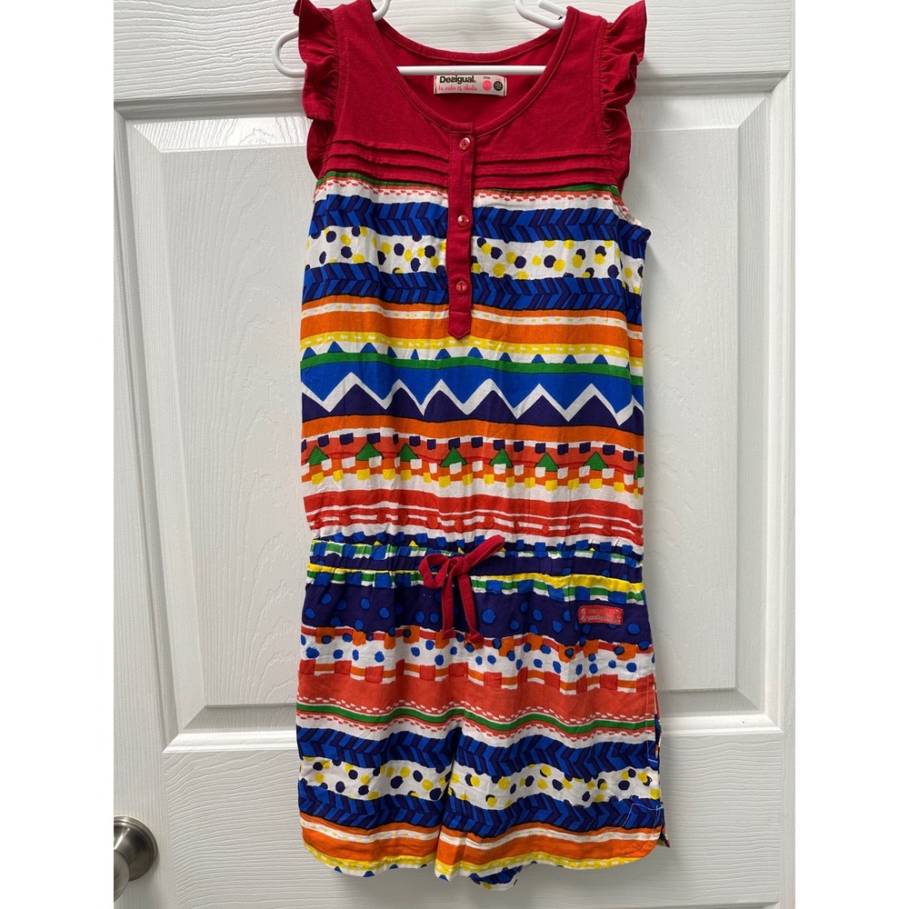 Desigual Girls Multi-Color Geometric Print Sleeveless Romper Red Size 9/10